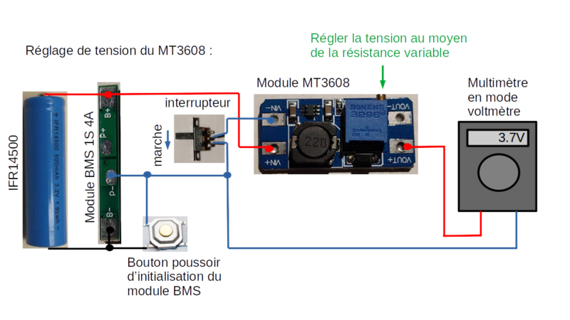 Audio Bluetooth aliment par un accumulateur LiFePO4 schema cablage MT3608 reglage MT3608 2 BP init.png
