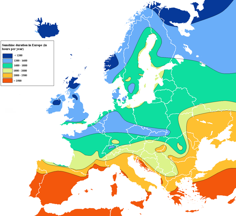 Douche solaire partir de 2 radiateurs Europe sunshine hours map.png